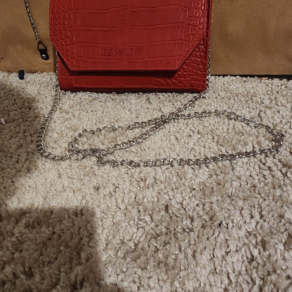 Red Croc-Embossed Chain Bag With Matching Belt